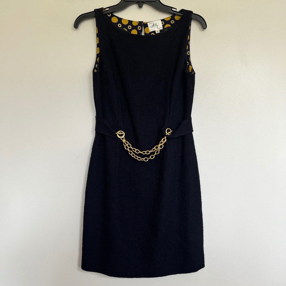 Milly of New York Black Tweed Sleeveless Sheath Dress Gold Chain Detail Size 2